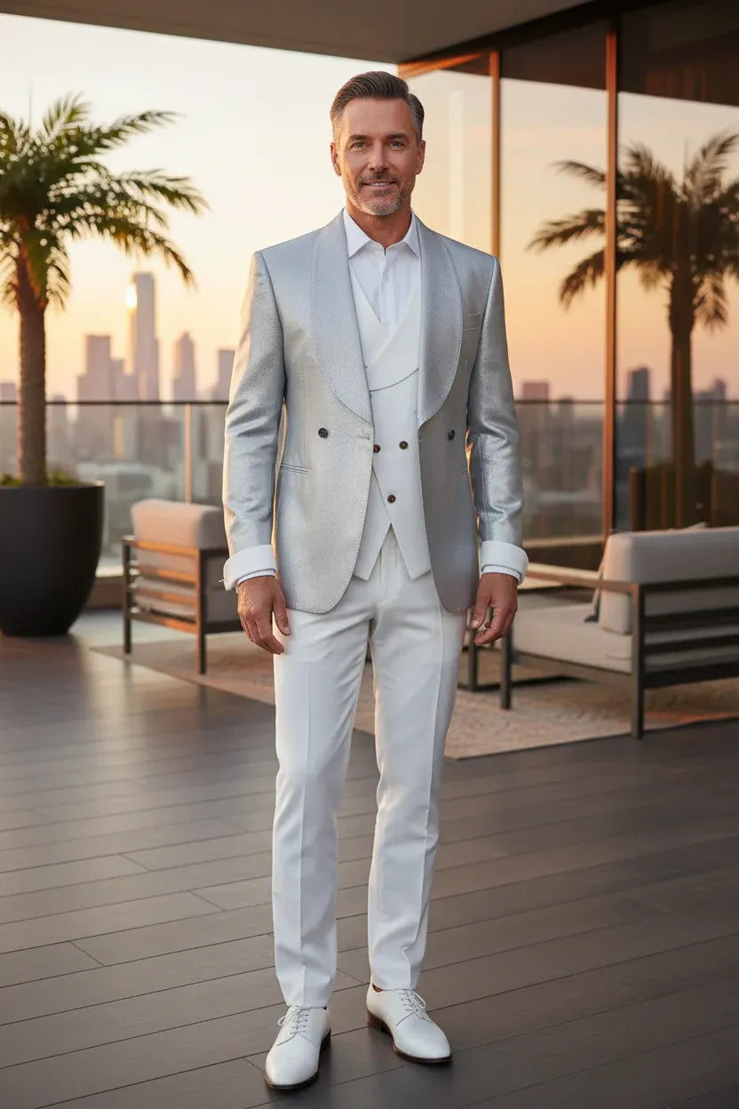 Men's Grey Modern Double-Breasted 3 Piece Suits