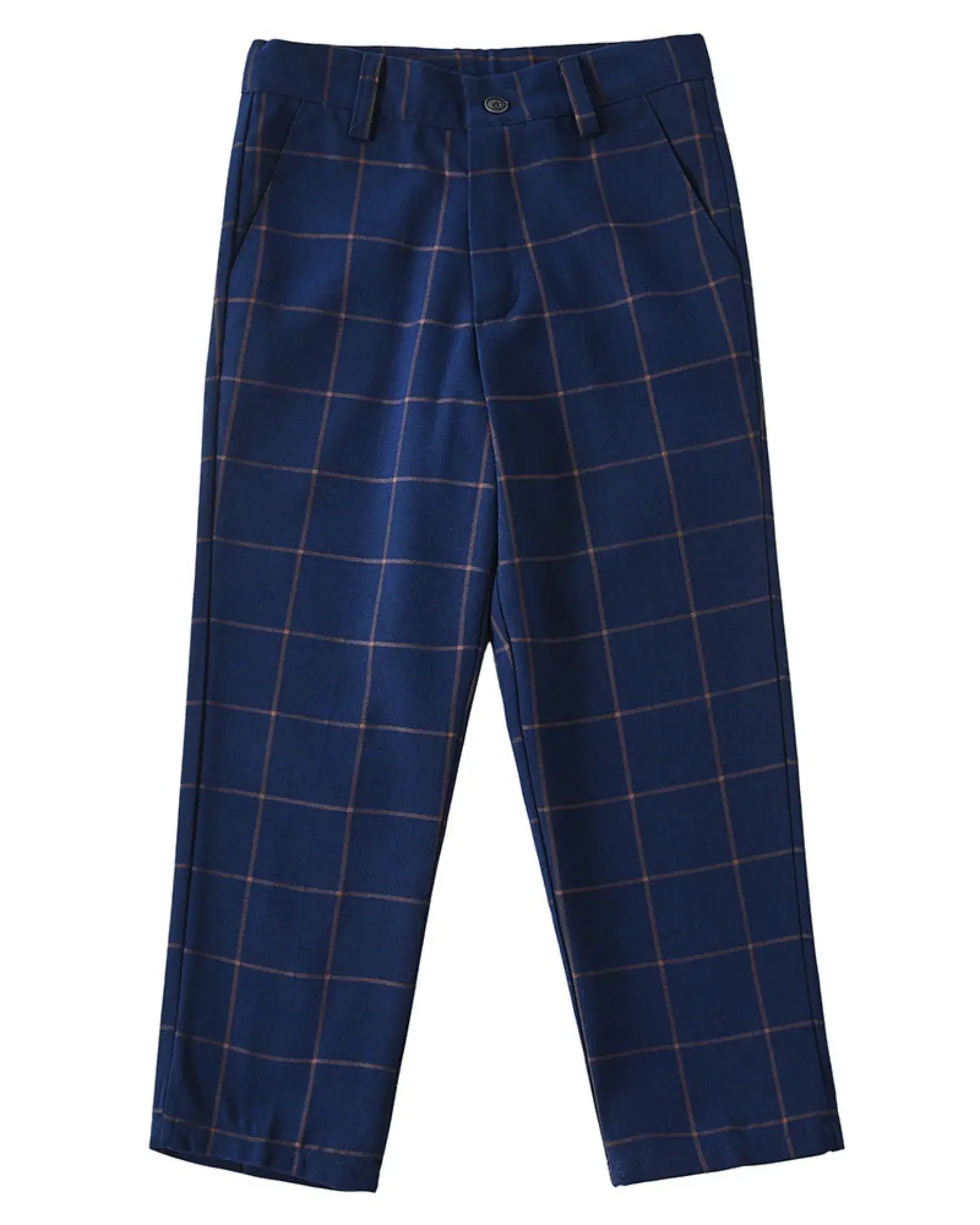 Blue plaid pants flat lay from boys 4 piece suit – wedding and prom outfit for boys
