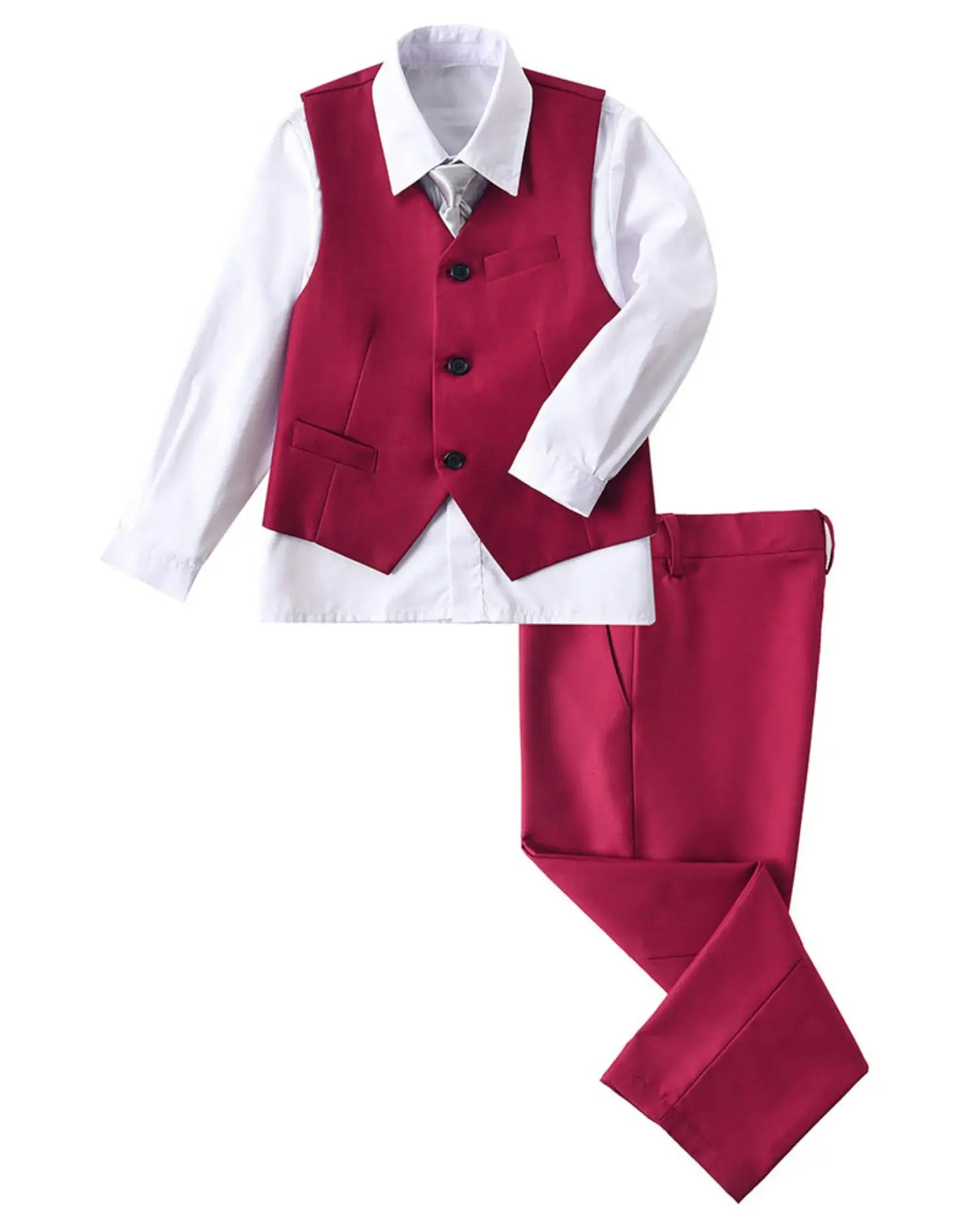 Burgundy boys 4 piece suit with vest, pants, white dress shirt, and tie – formal wedding outfit