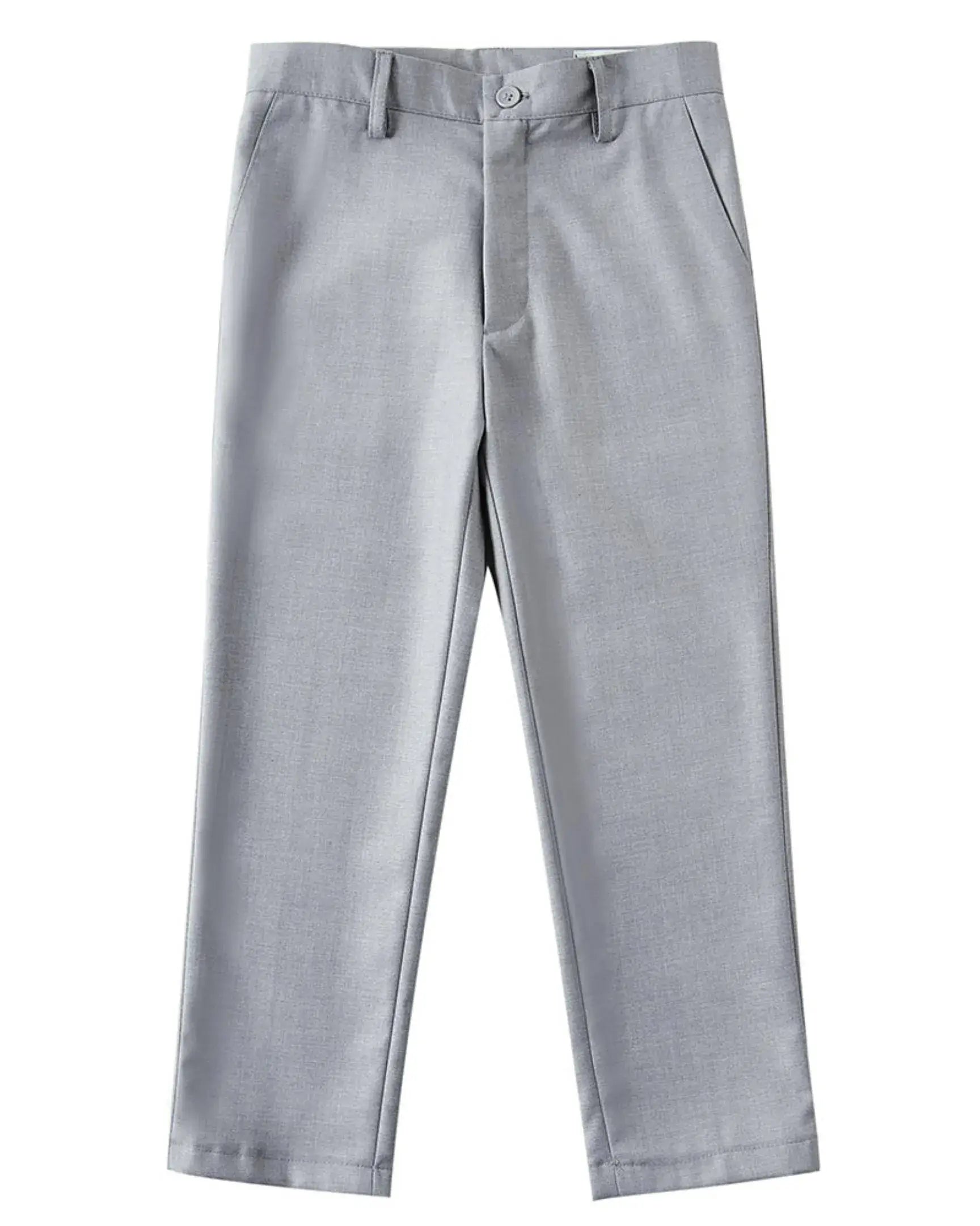 Gray pants flat lay from boys 4 piece suit – wedding and prom outfit for boys