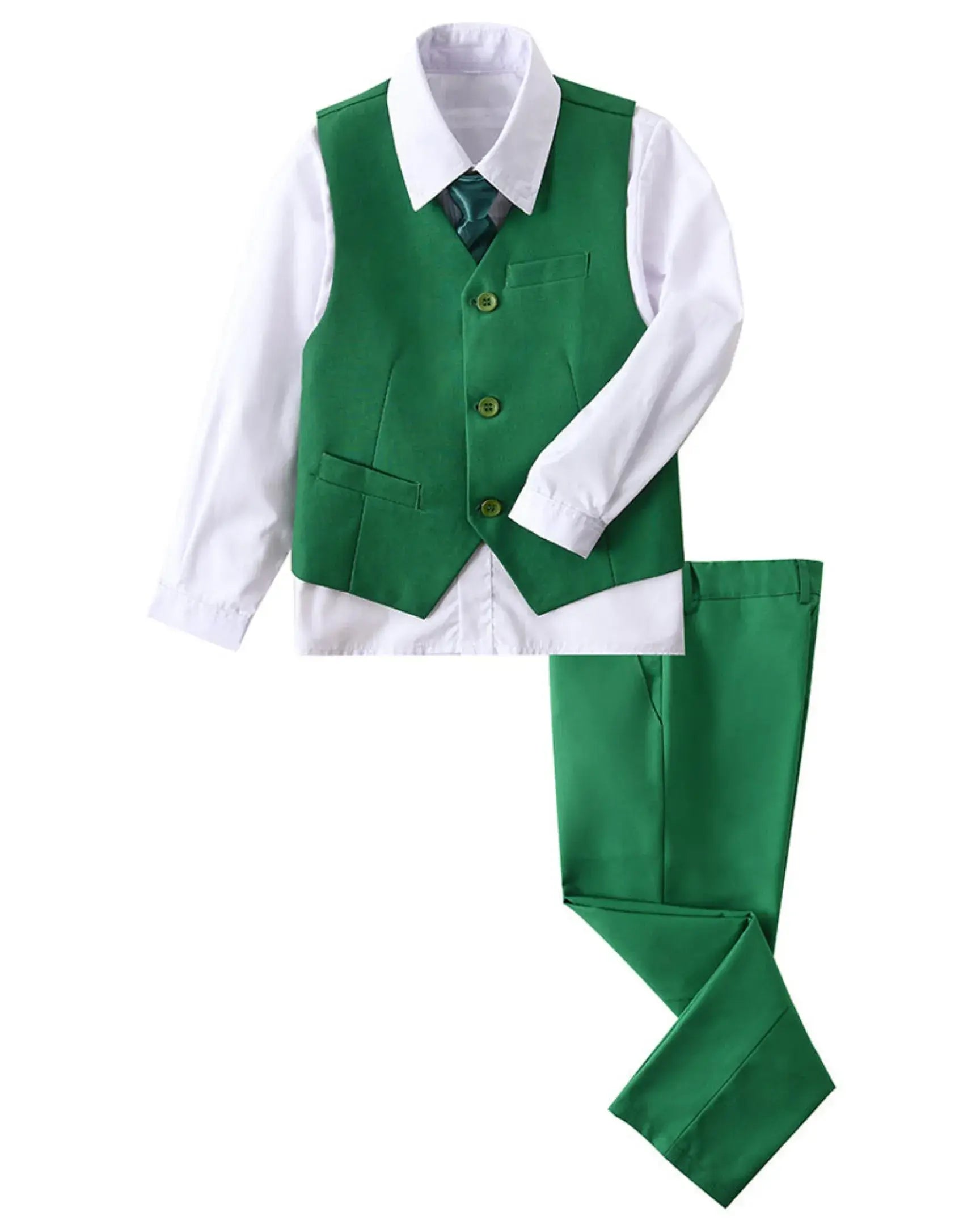 Green boys 4 piece suit with vest, pants, white dress shirt, and tie – formal wedding outfit