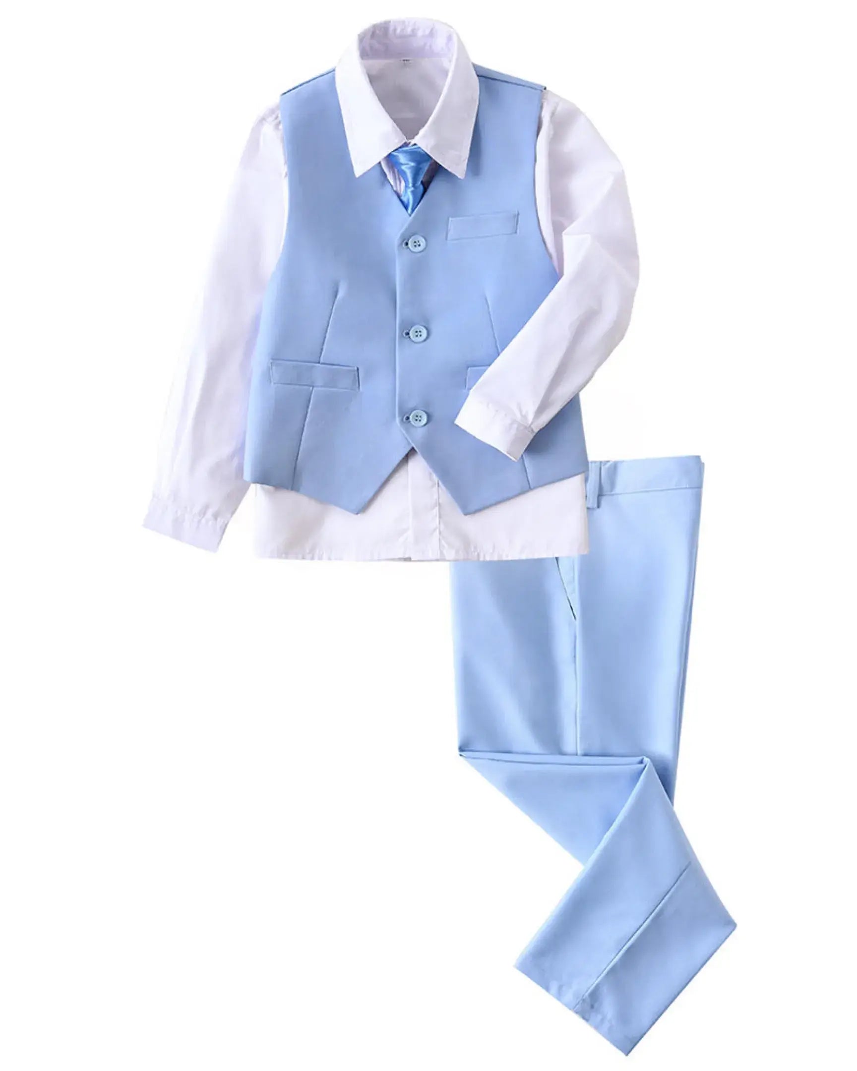 Light Blue boys 4 piece suit with vest, pants, white dress shirt, and tie – formal wedding outfit