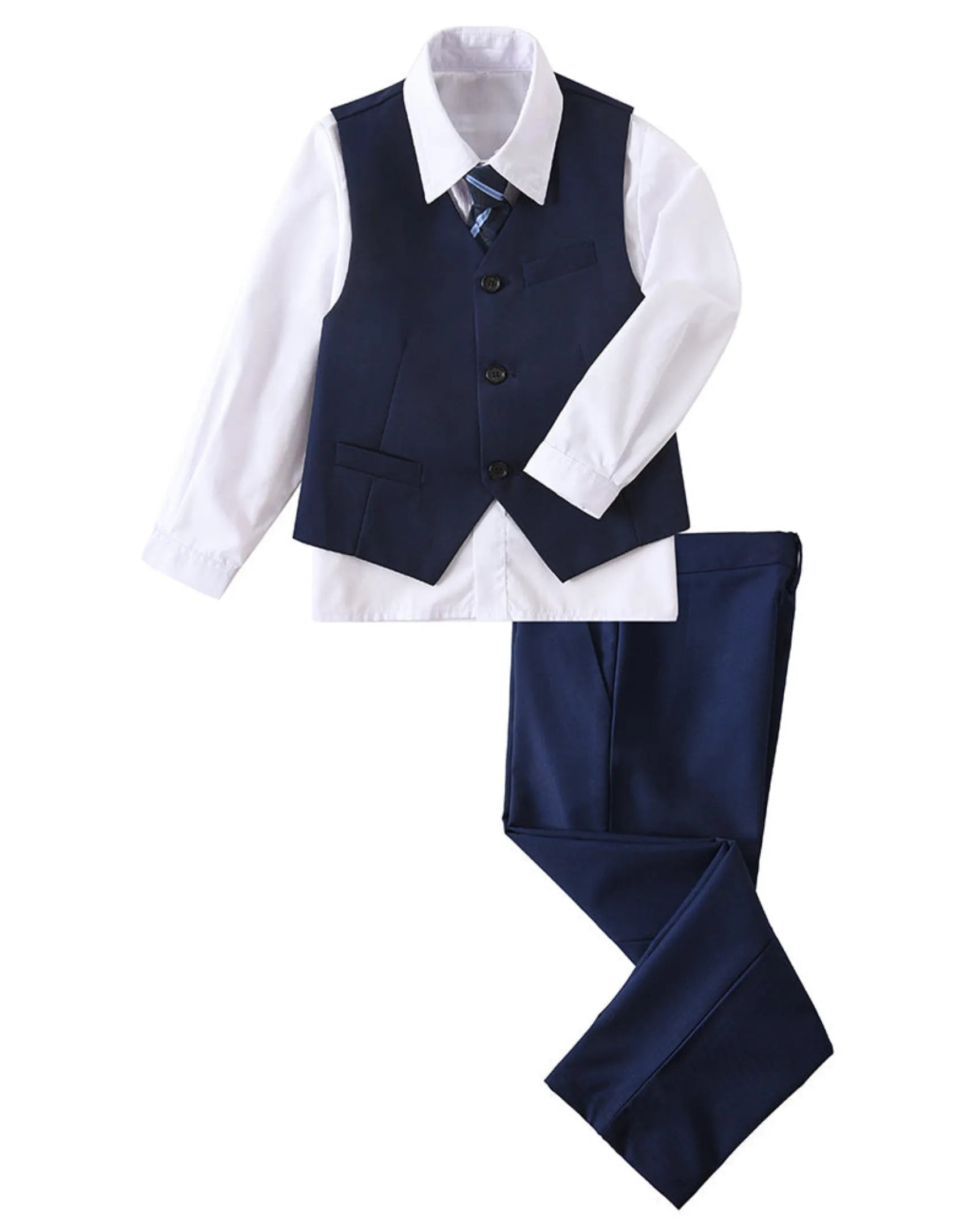 Blue boys 4 piece suit with vest, pants, white dress shirt, and tie – formal wedding outfit