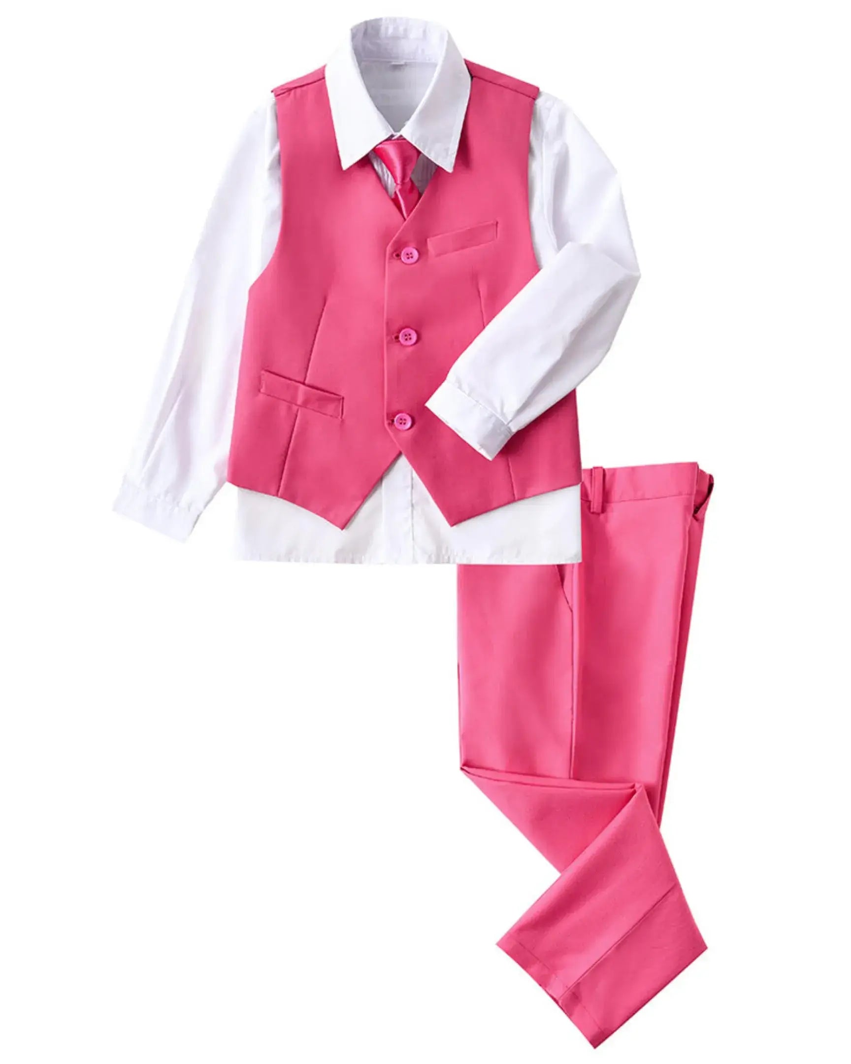 Pink boys 4 piece suit with vest, pants, white dress shirt, and tie – formal wedding outfit