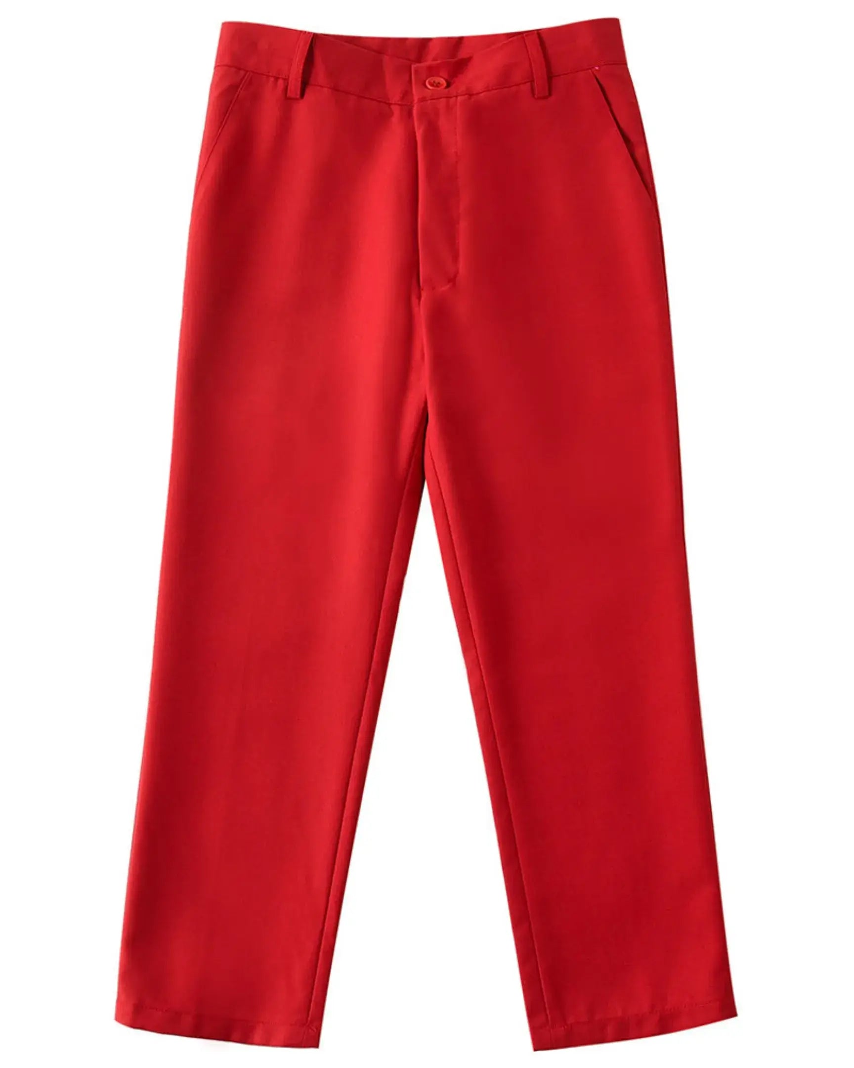 Red pants flat lay from boys 4 piece suit – wedding and prom outfit for boys