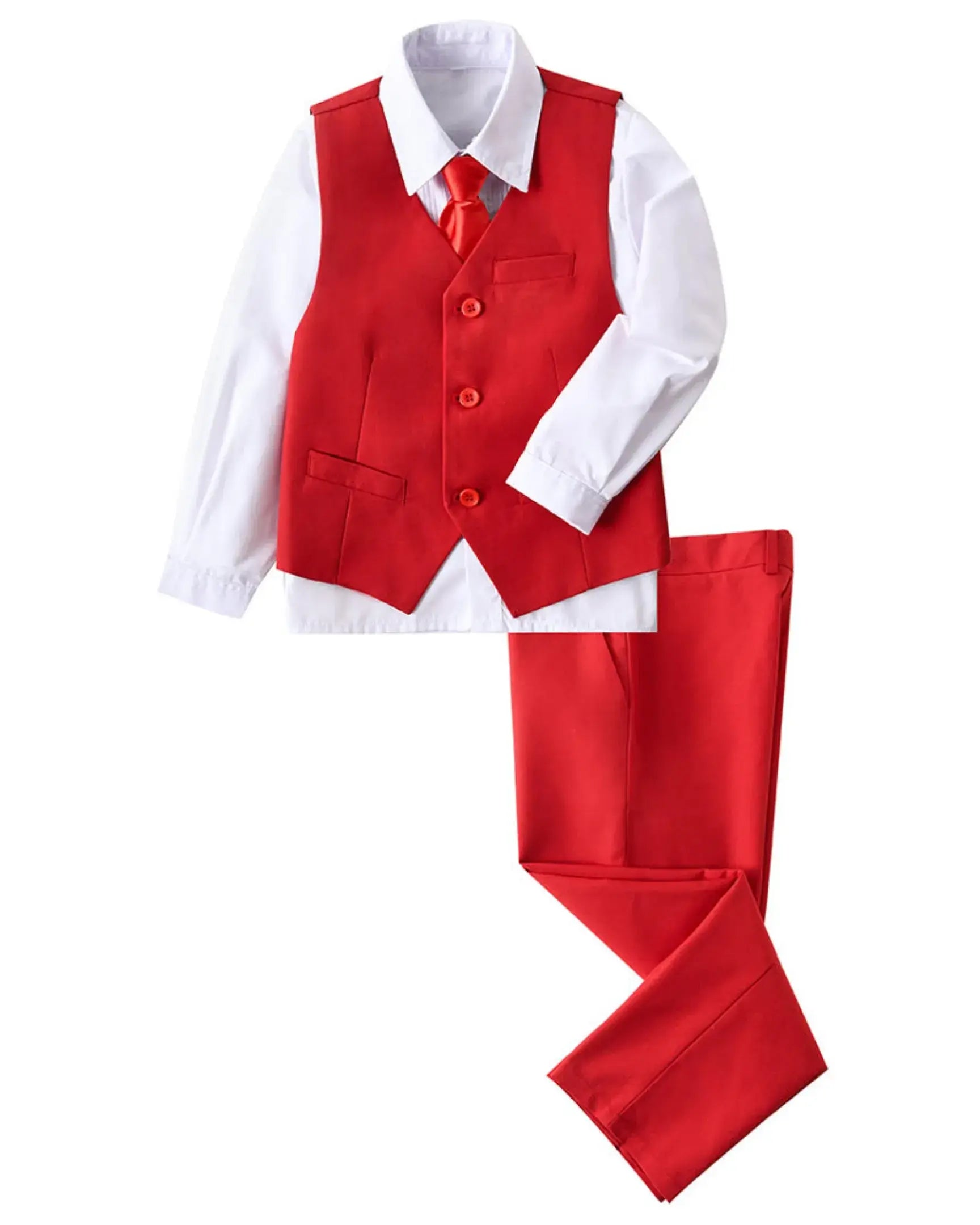 Red boys 4 piece suit with vest, pants, white dress shirt, and tie – formal wedding outfit