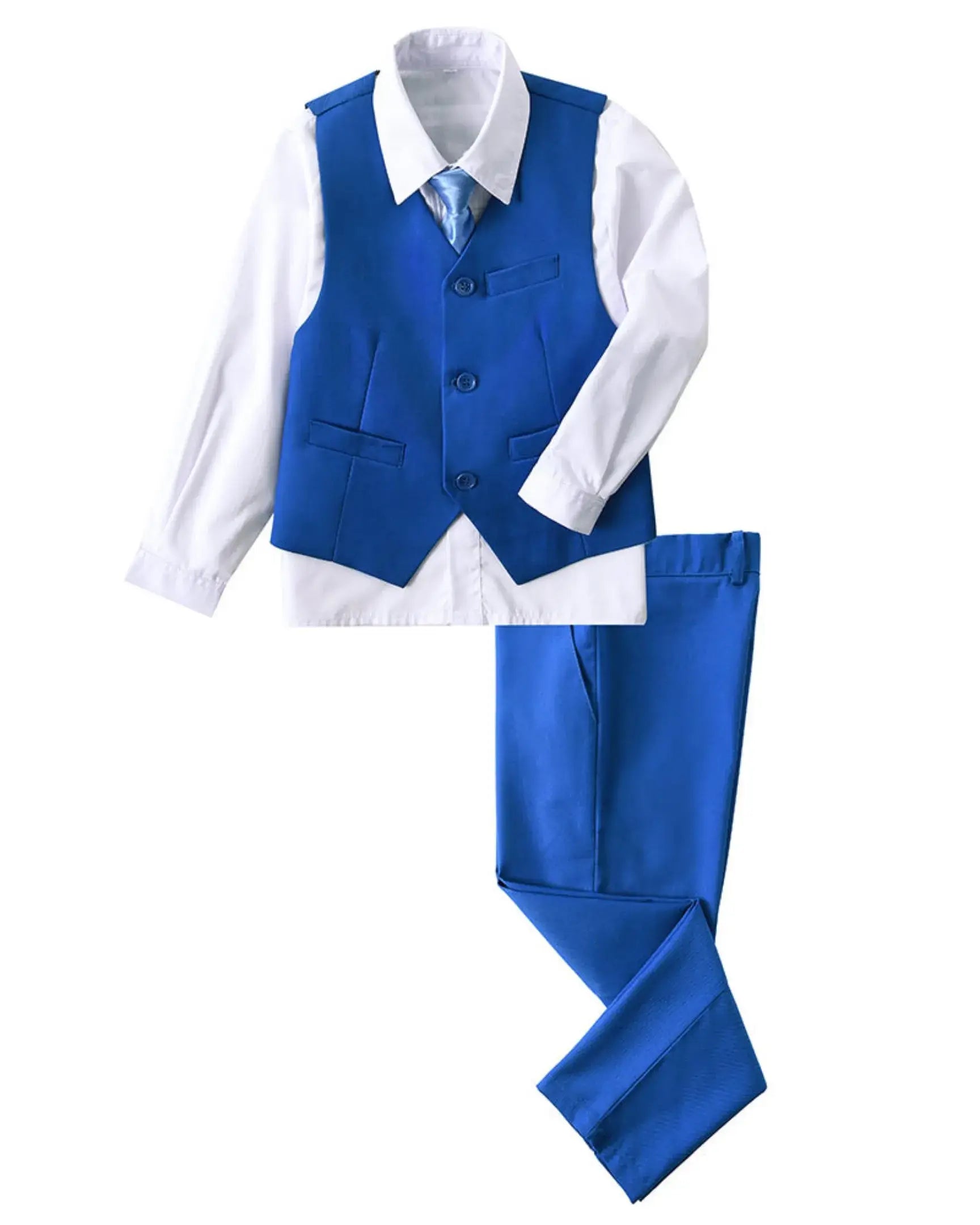 Royal blue boys 4 piece suit with vest, pants, white dress shirt, and tie – formal wedding outfit