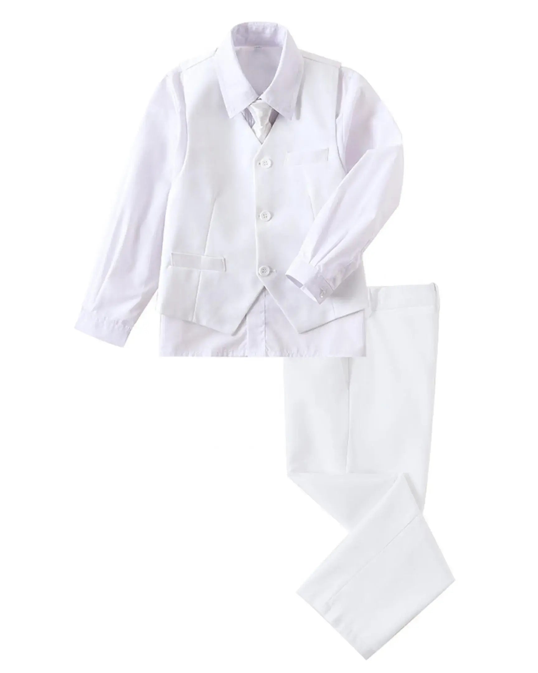 White boys 4 piece suit with vest, pants, white dress shirt, and tie – formal wedding outfit