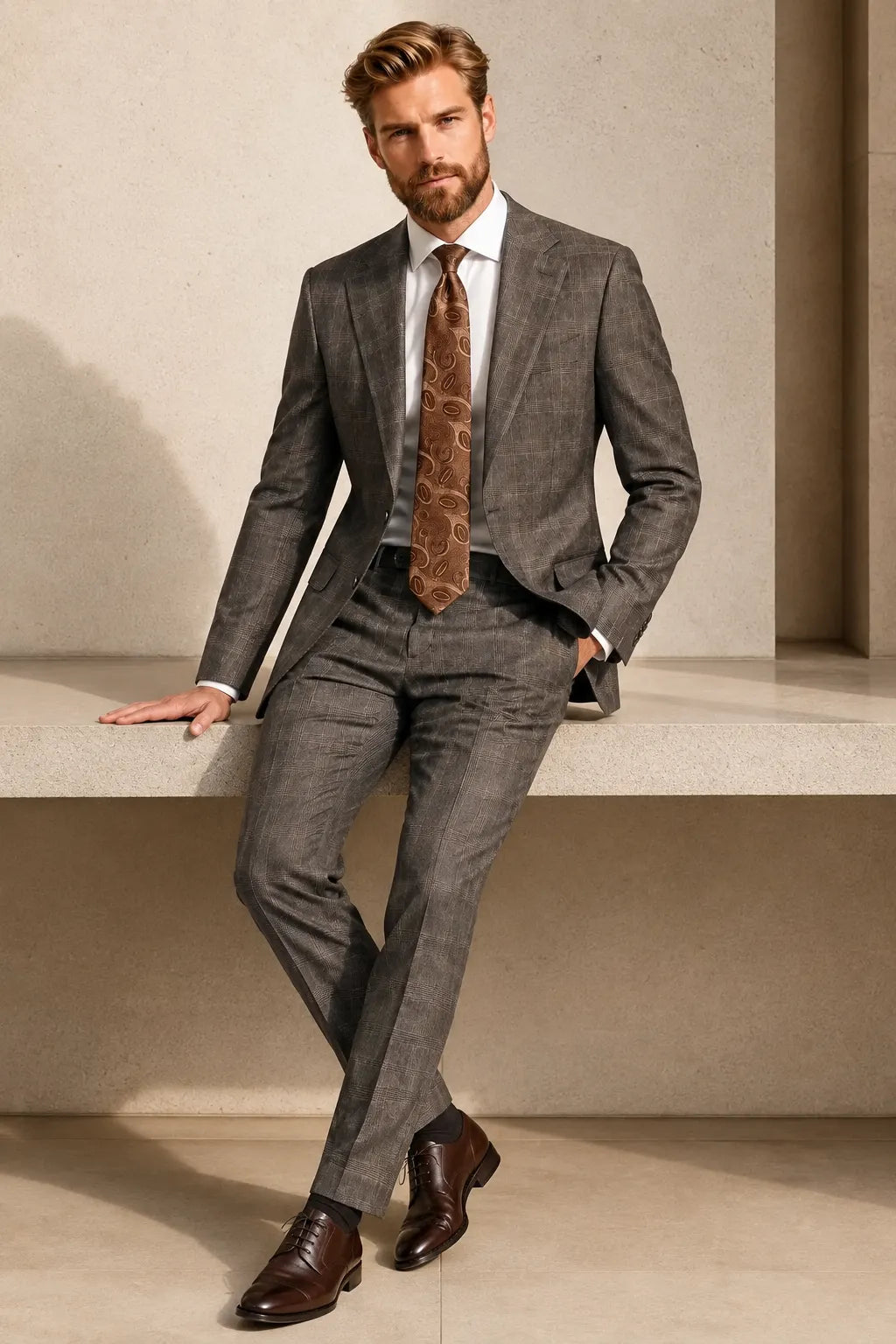 Men's Brown Glen Plaid Business 2 Piece Suit