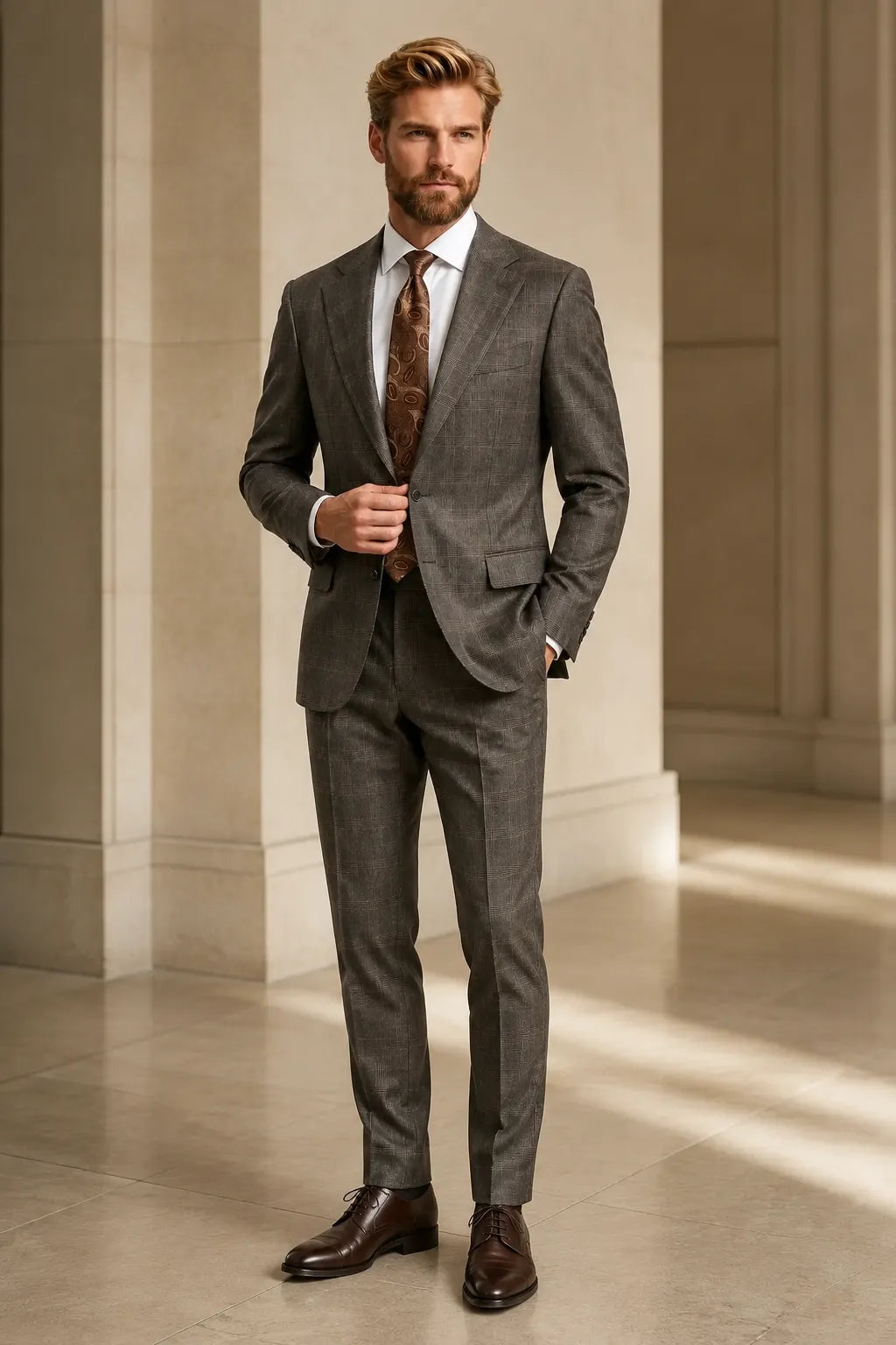 Men's Brown Glen Plaid Business 2 Piece Suit