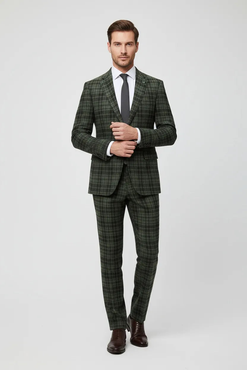 Men's Green Plaid Herringbone 2 Piece Suit
