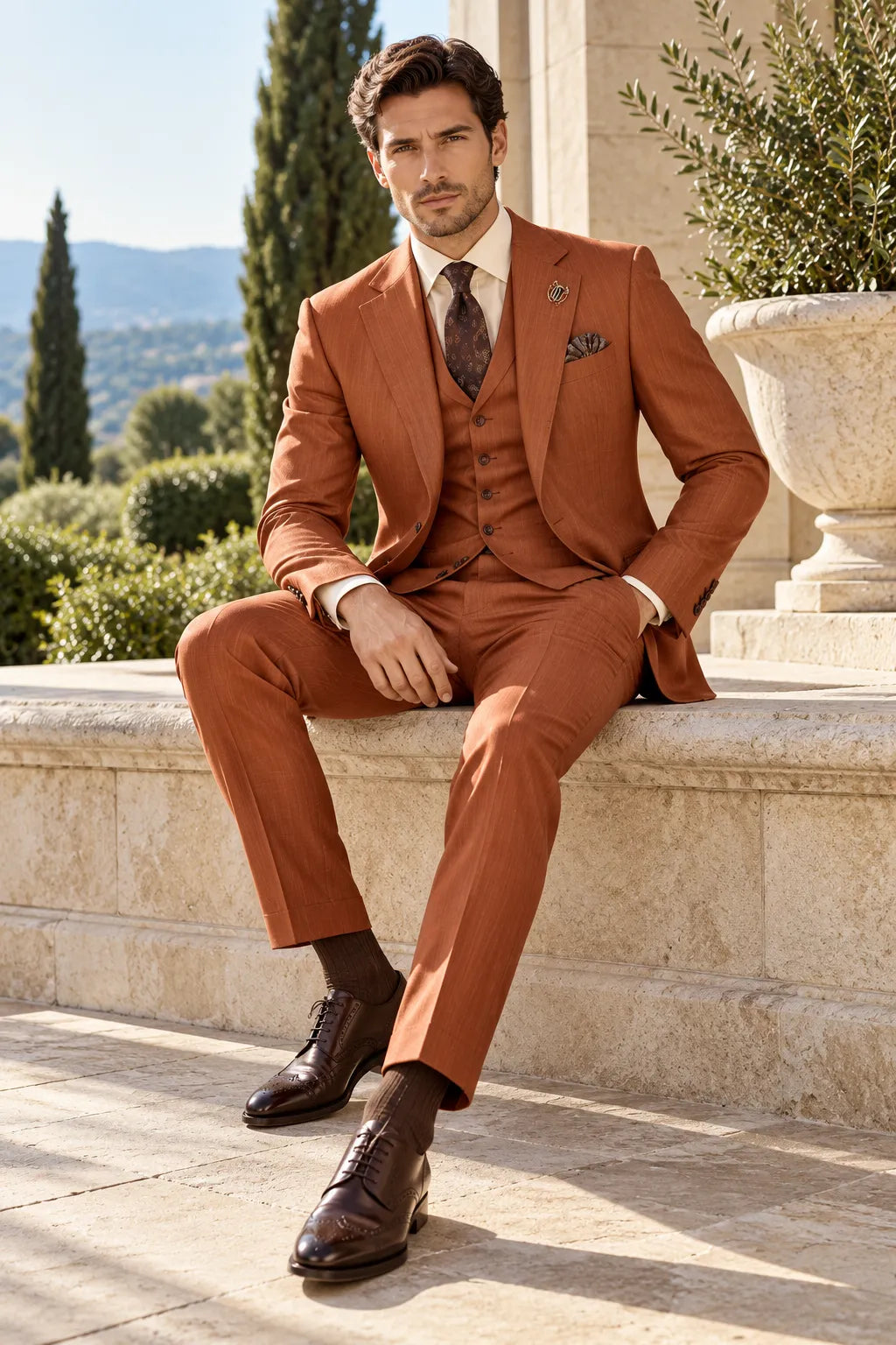 Men's Rust Orange Tencel Linen 3 Piece Suits
