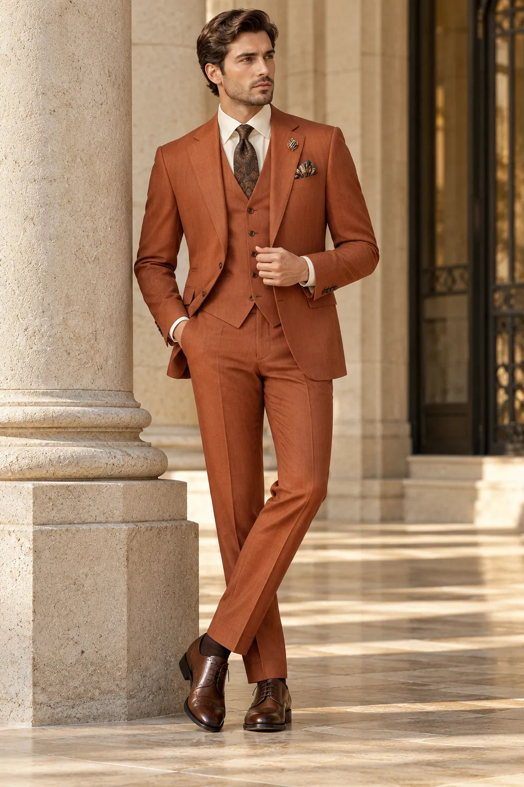 Men's Rust Orange Tencel Linen 3 Piece Suits
