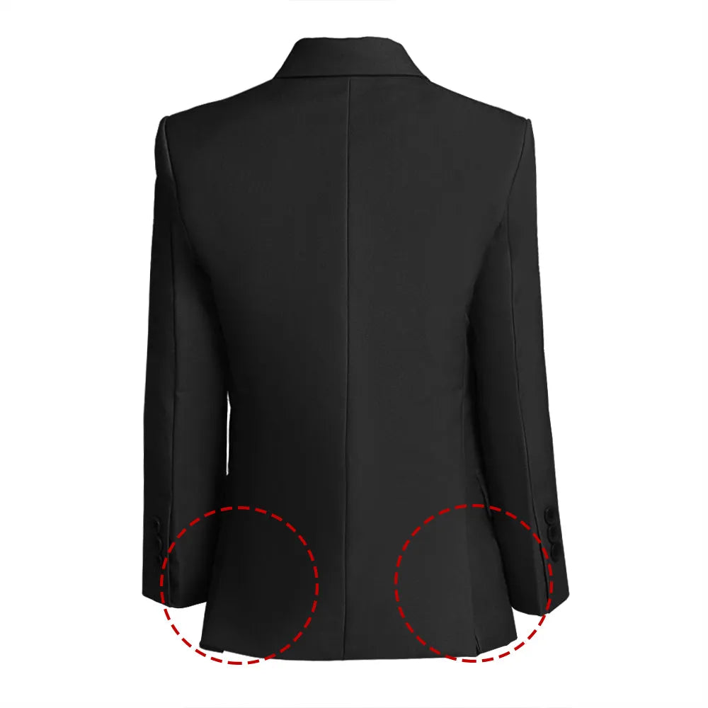 Back view of black boys blazer with double vents and tailored seams for smart school and formal outfit.