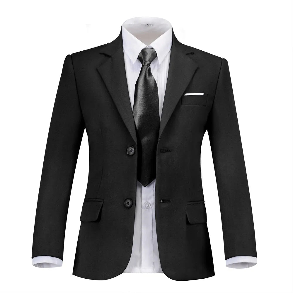 Black boys school blazer with classic tie – front view of formal suit jacket for school events, age 6–13.