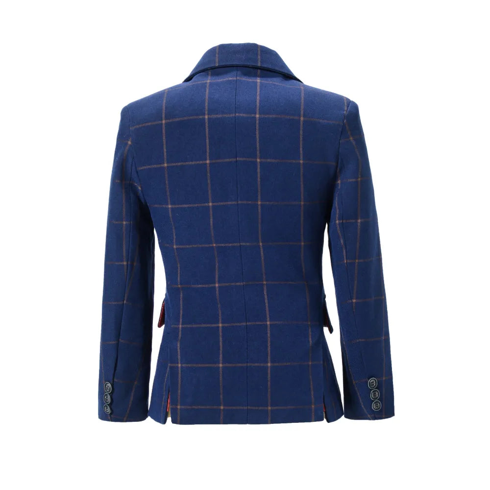 Back view of boys navy plaid blazer with brown windowpane checks and sleeve button details for polished formal look.