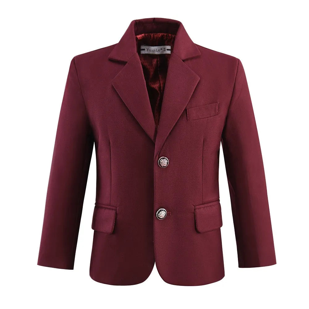Burgundy boys formal blazer front view with notch lapel, decorative buttons, and structured tailoring for school and events