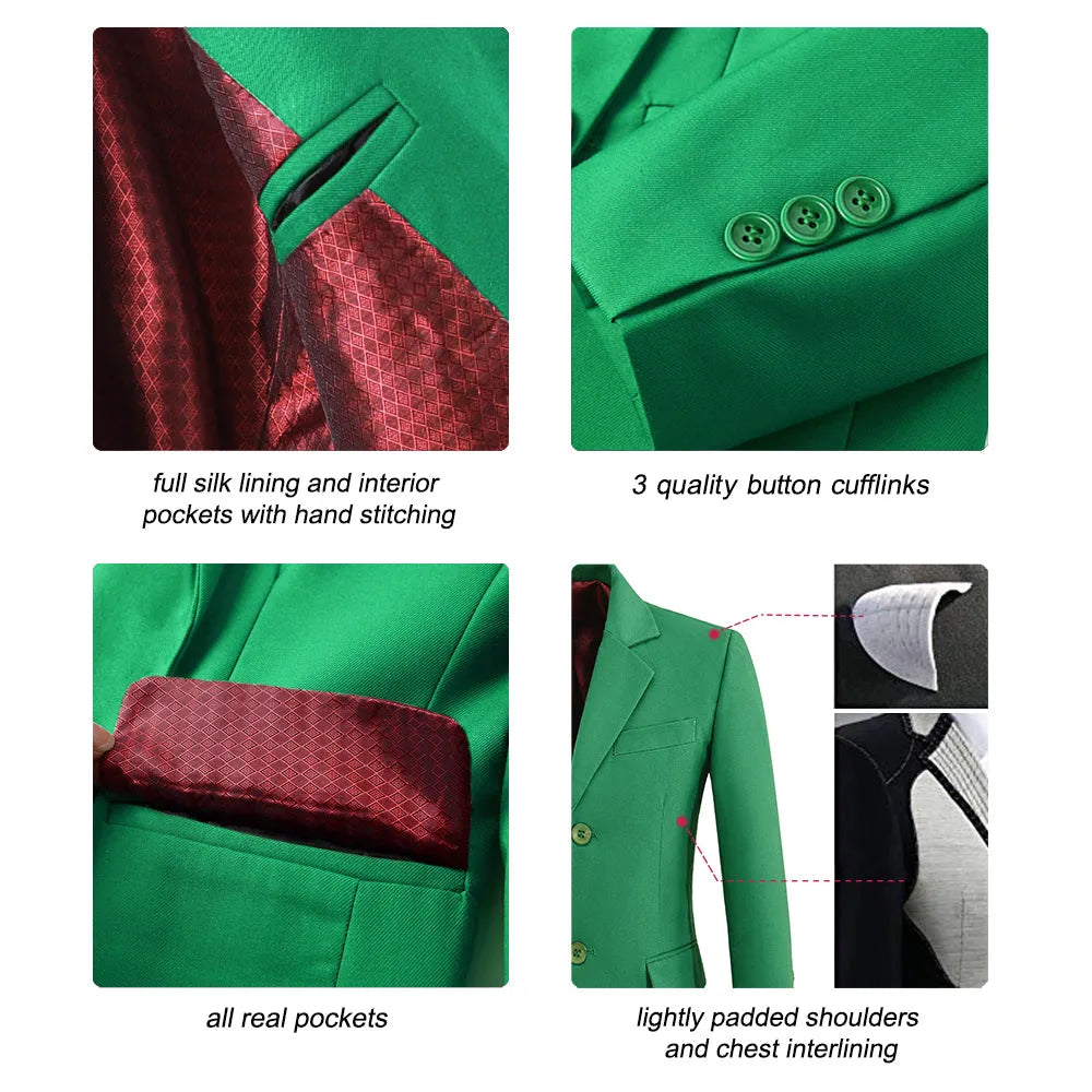 Boy wearing green blazer suit with vest and shiny green tie – stylish school formal outfit for boys ages 6 to 13