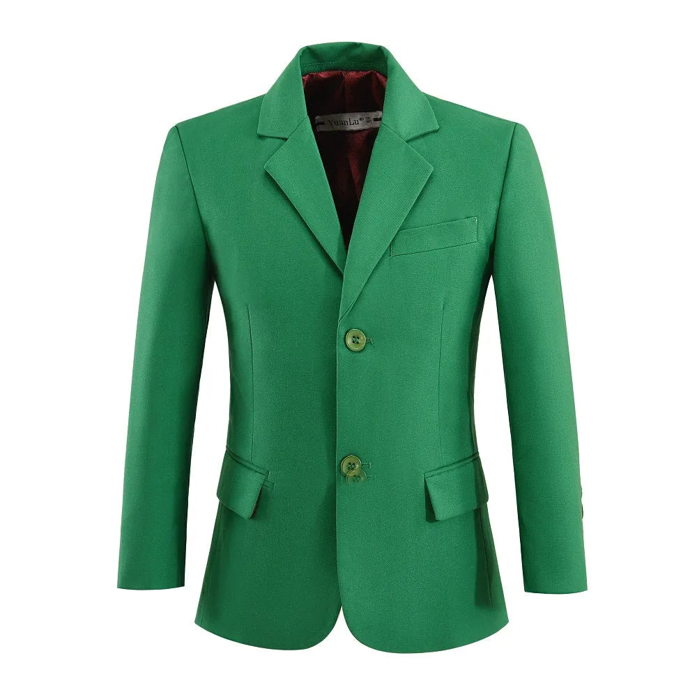 Green formal boys blazer with red silk lining, real pockets, and 3-button cuffs – smart jacket for age 6–14 boys