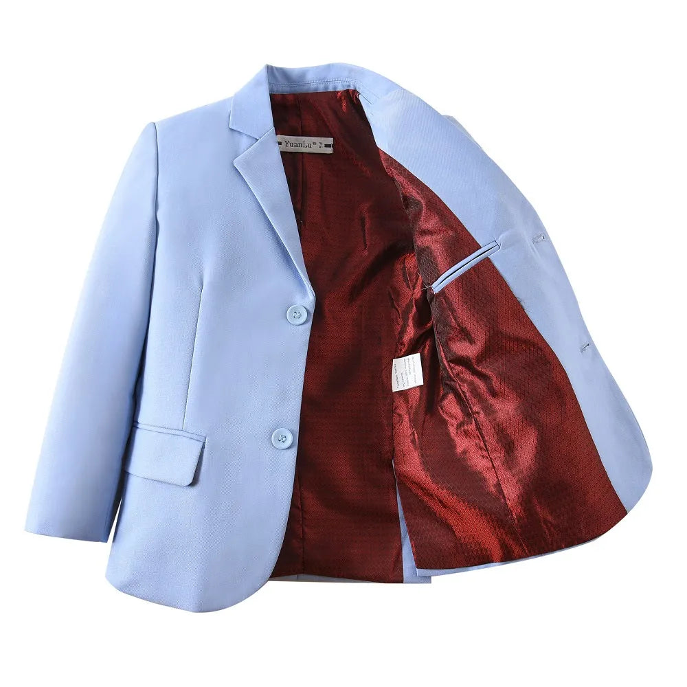 Inside view of light blue school blazer for boys featuring satin red lining, flap pockets, and classic tailored fit for formal use.