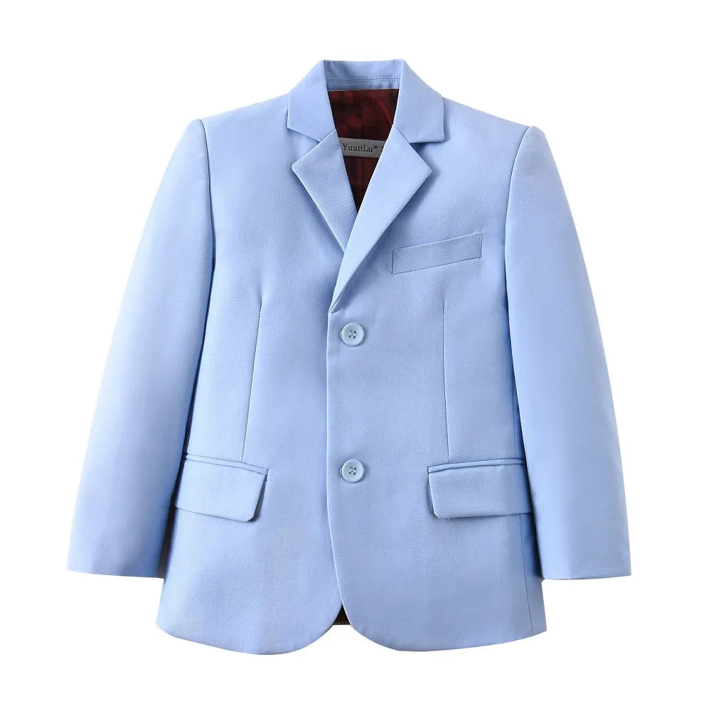Light blue boys formal blazer with two-button closure and notch lapel, ideal for school events and stylish semi-formal occasions.