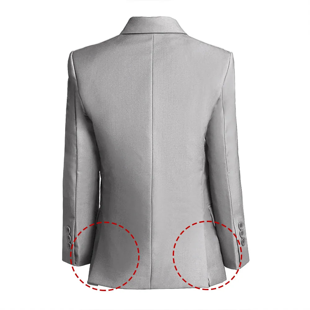 Rear view of light gray boys suit jacket showing dual side vents and button cuffs for classic comfort and mobility