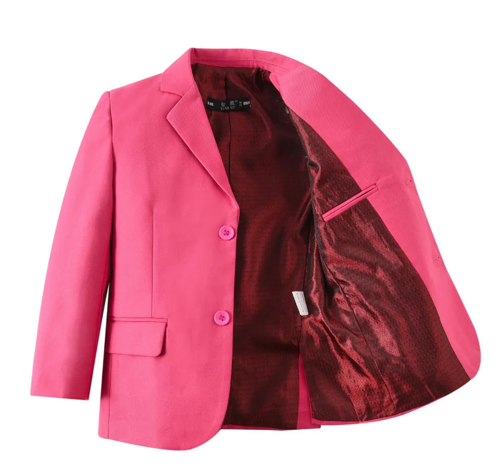 Inside view of vibrant pink school blazer for boys, showing maroon satin lining and tailored chest pocket detail.