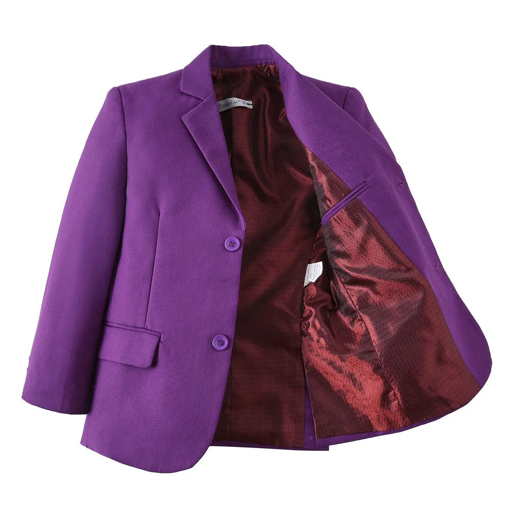 Inside view of purple school blazer for boys showing smooth burgundy lining and inner pocket, tailored for comfort and style