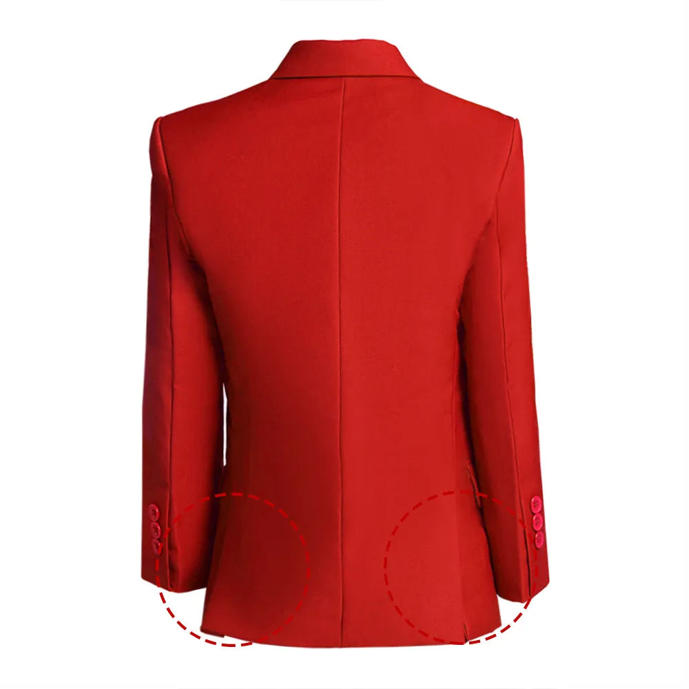 Back view of red boys school blazer with dual vents and sleeve button detailing for a tailored formal fit
