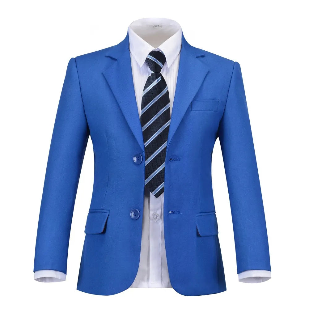 Royal blue boys blazer with striped tie – front view of formal school jacket for events, age 6–13 smart outfit.