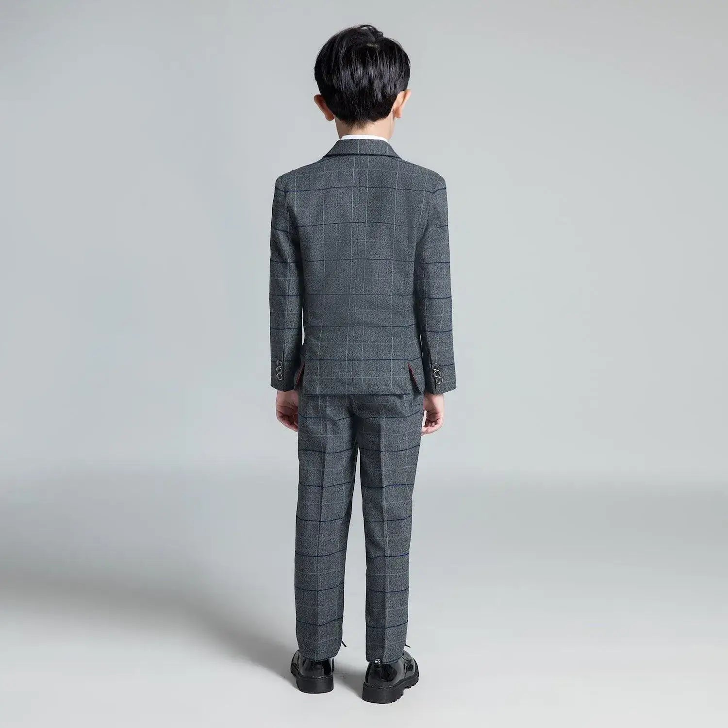 Boys' dark gray plaid suit: Back view of fashion checked blazer & pants