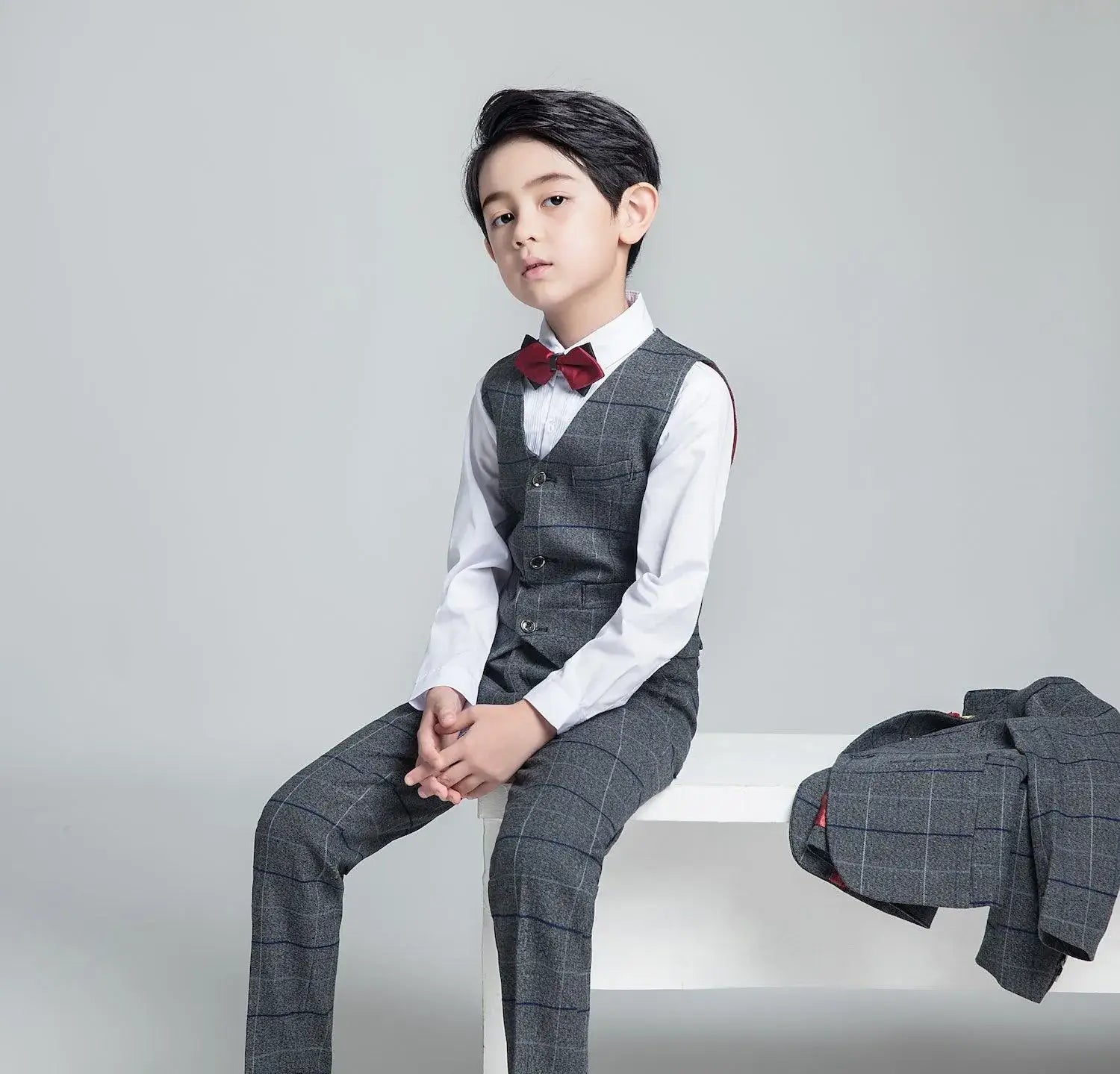 Boys' dark gray plaid suit: Vest with red bow tie & matching pants