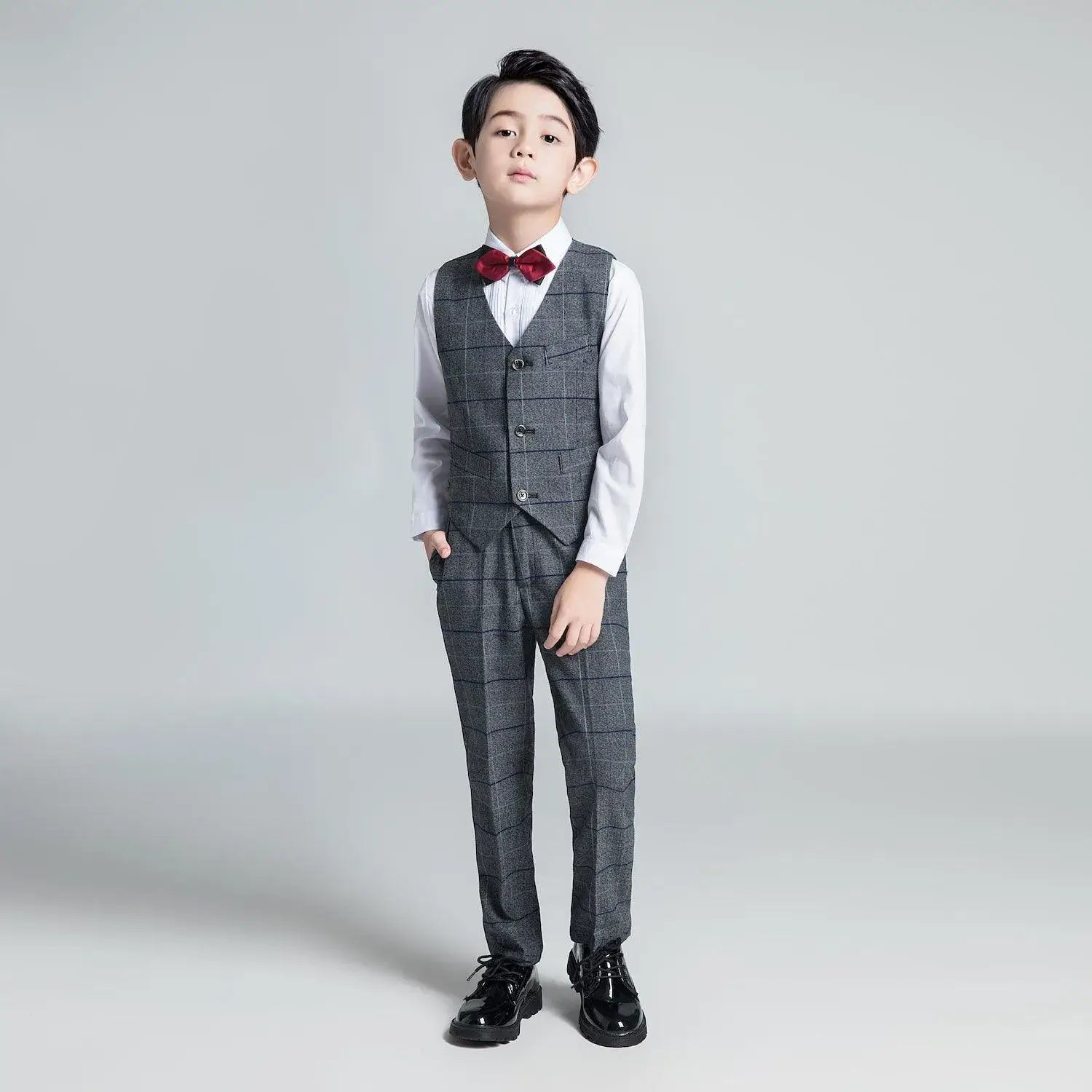 Boys' dark gray plaid suit: 5-piece fashion vest & pants with red bow tie
