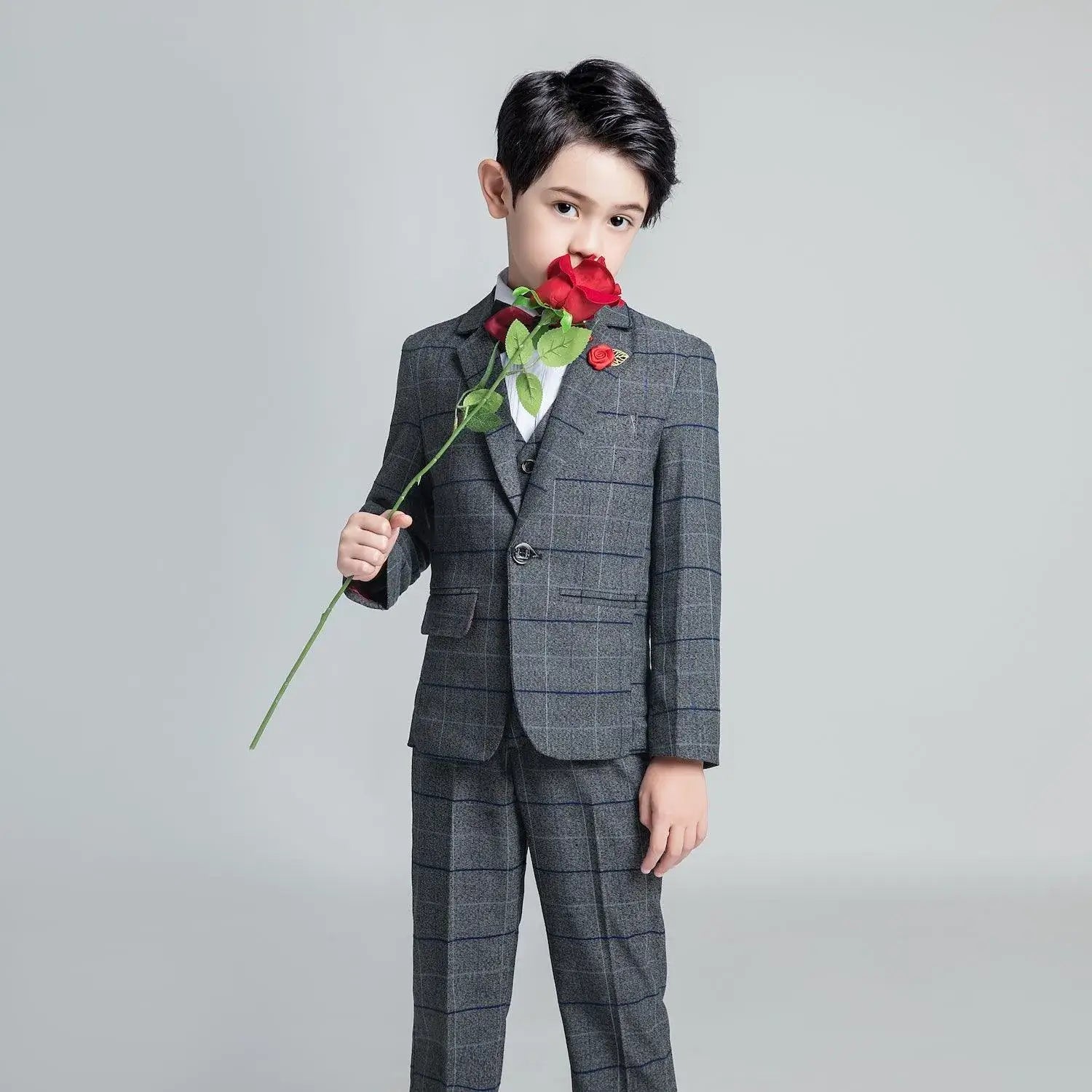 Boys' dark gray plaid suit: 5-piece fashion outfit with red rose accessory