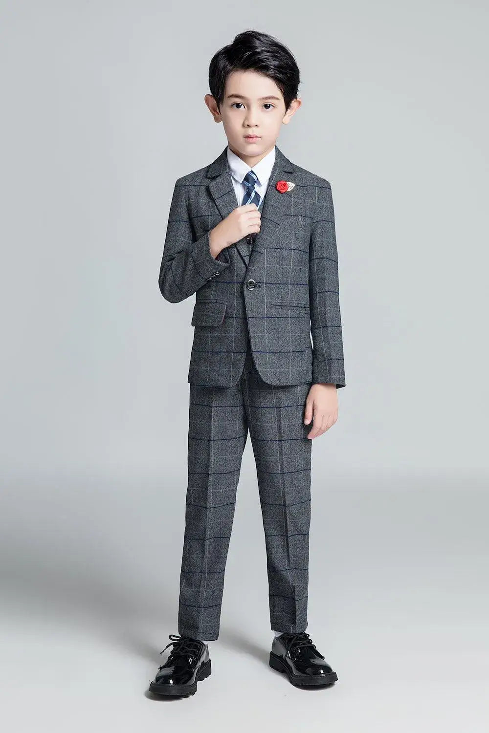 Boys' dark gray plaid suit: 5-piece fashion outfit with blue tie & red rose pin