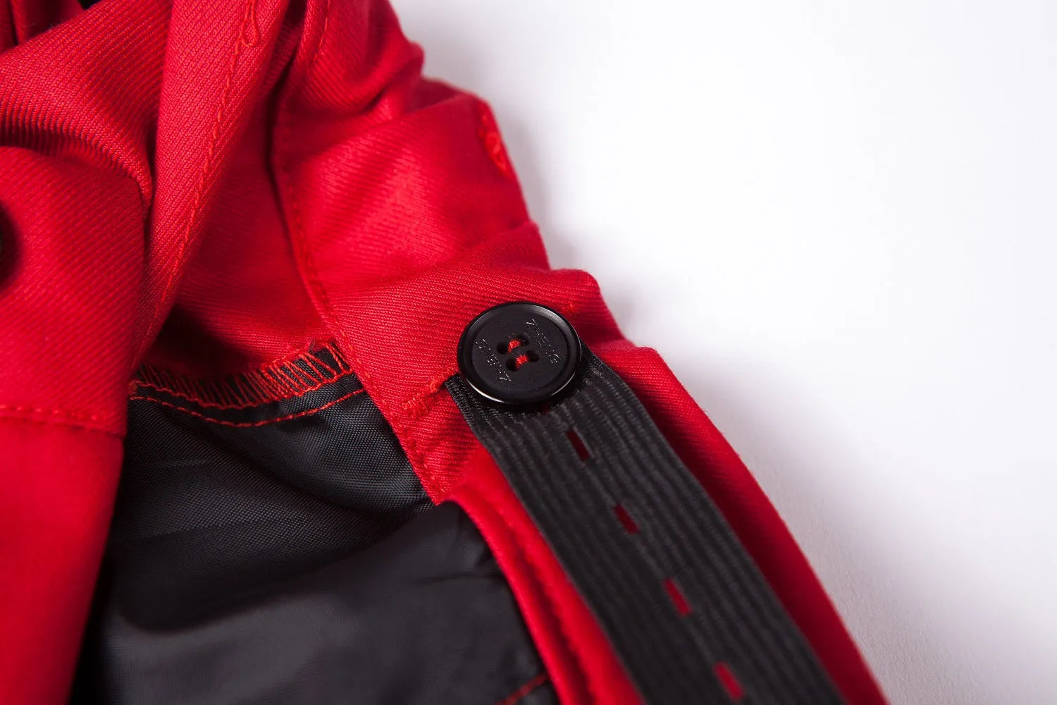 Red boys' prom suit detail - black button & adjustable strap on formal blazer