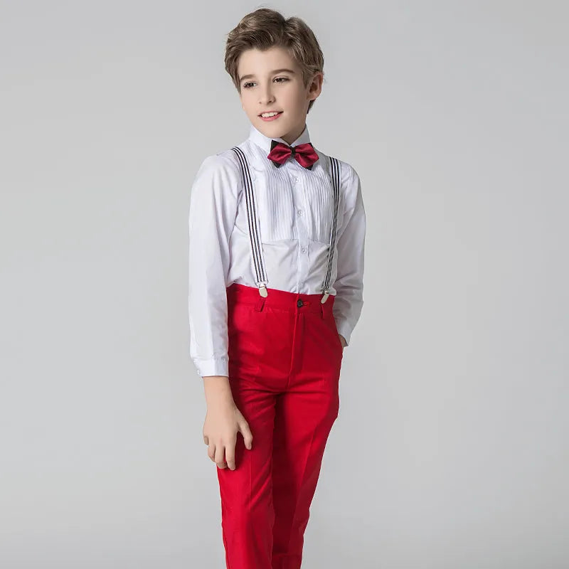 Red boys' prom pants with striped suspenders & pleated white shirt