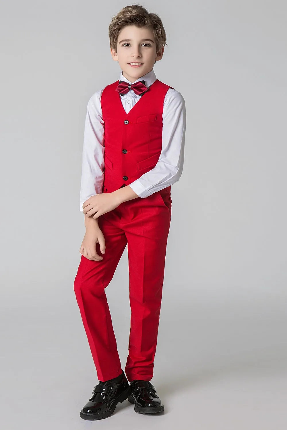 Red boys' prom vest set - 3-button waistcoat with white shirt & burgundy bow tie