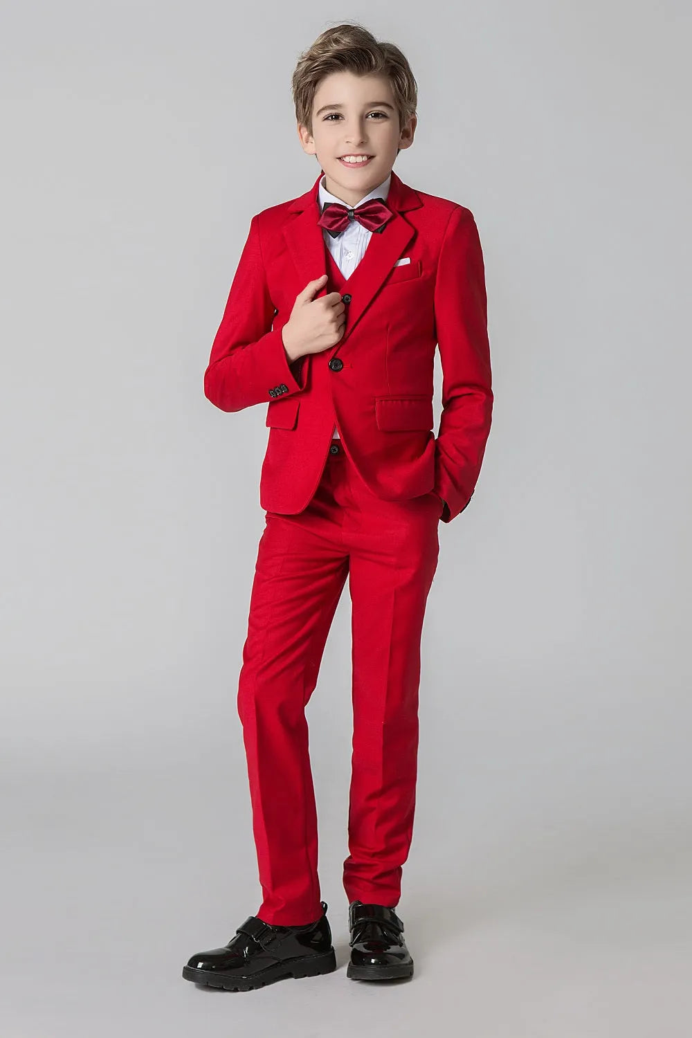 Red boys' prom suit - 5-piece classic set with burgundy bow tie & pocket square
