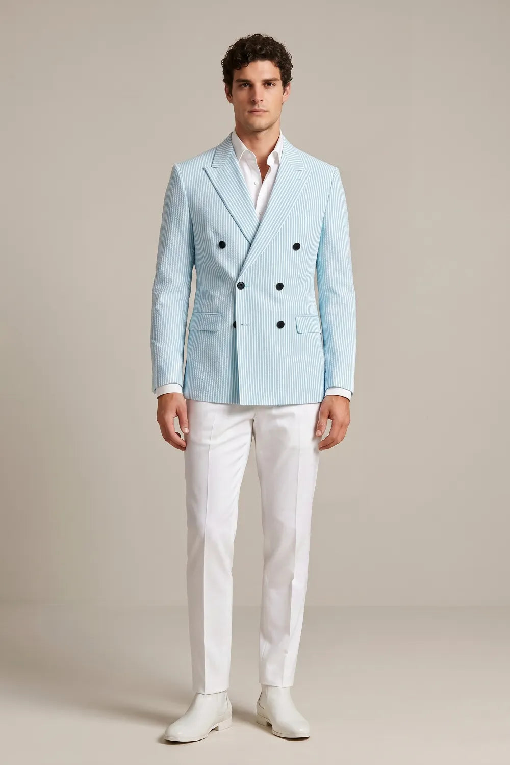 Men's Light Blue Striped Double Breasted Seersucker Blazer