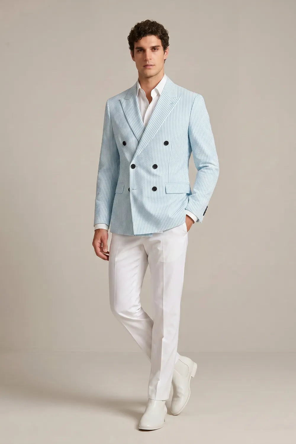 Men's Light Blue Striped Double Breasted Seersucker Blazer