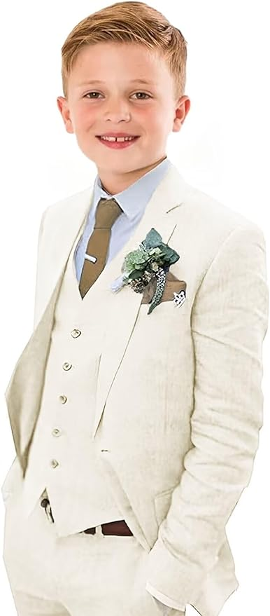 Ivory 3 piece boys linen suit with vest and jacket – breathable summer wedding outfit