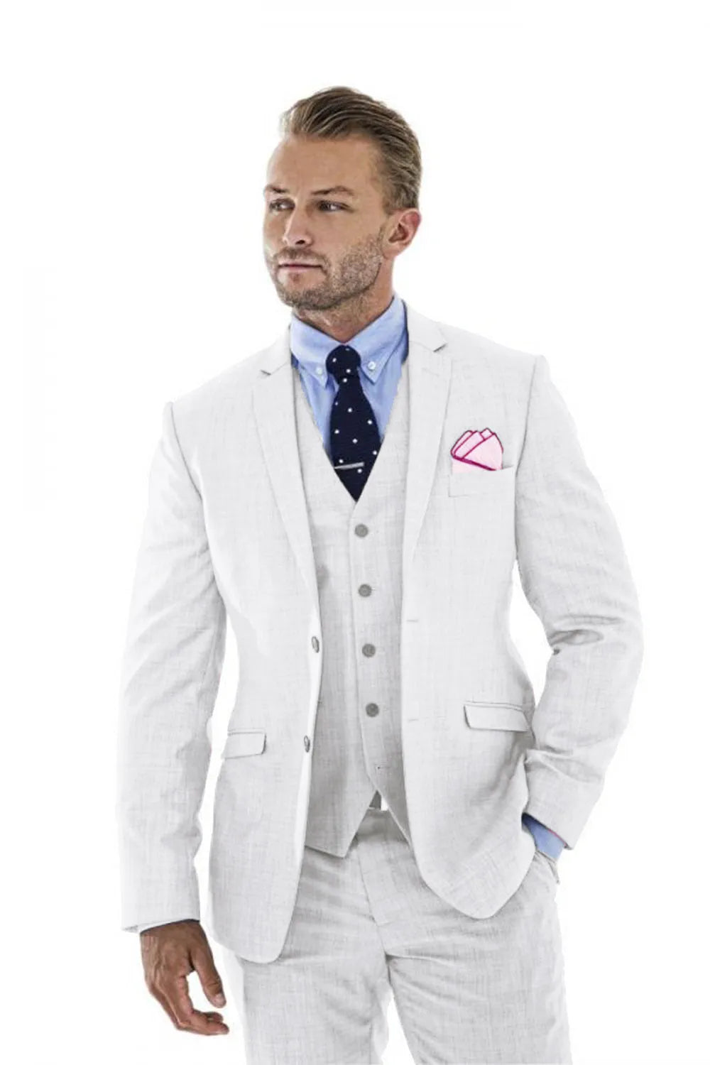 Ivory linen 3 piece suit for men – summer wedding outfit with slim fit blazer, matching vest and trousers, styled with blue shirt and polka dot tie for retro beach style