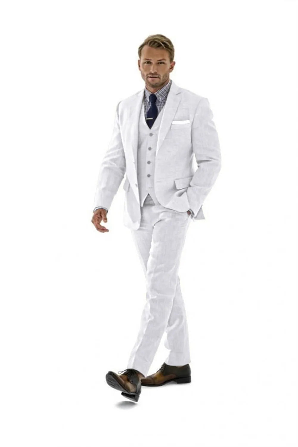 Men's ivory 3 piece linen suit – retro beach wedding summer style with tailored blazer, vest, and pants, styled with brown dress shoes and navy tie for casual yet formal look