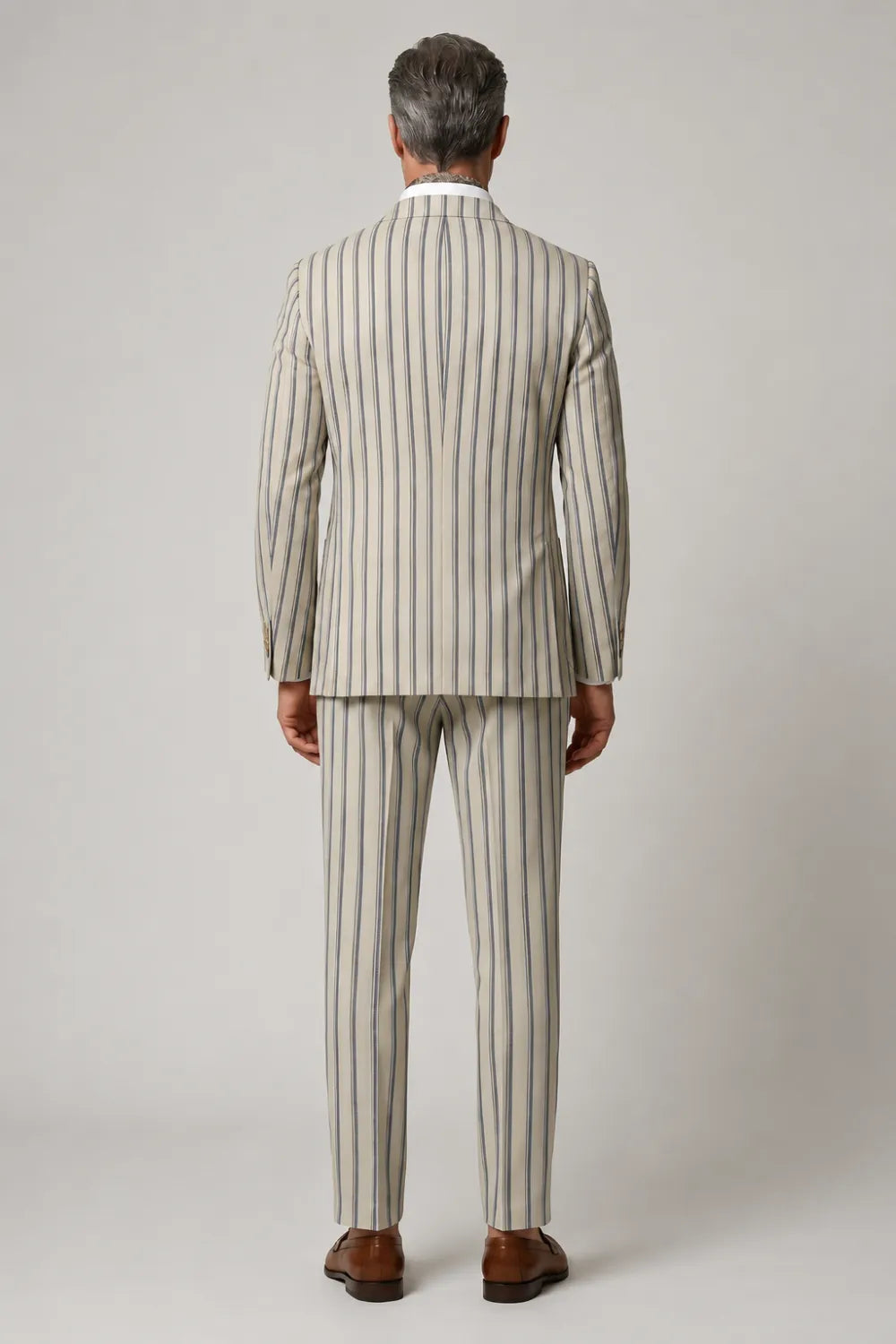 Men's Ivory Striped Wide Notch Lapel 3 Piece Suit