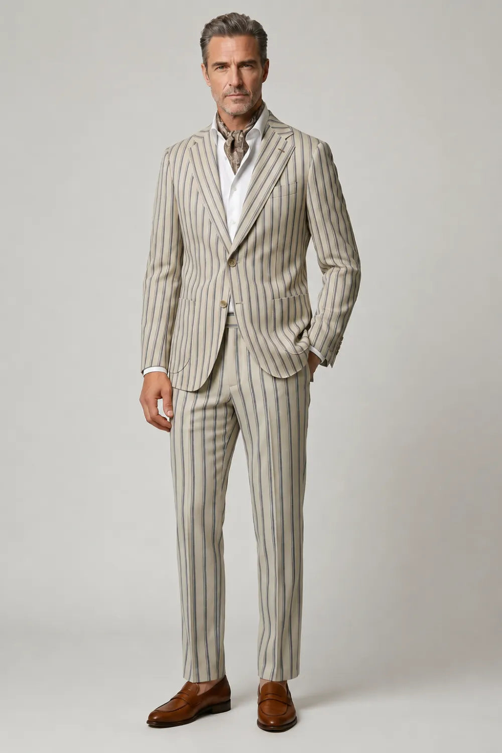 Men's Ivory Striped Wide Notch Lapel 3 Piece Suit