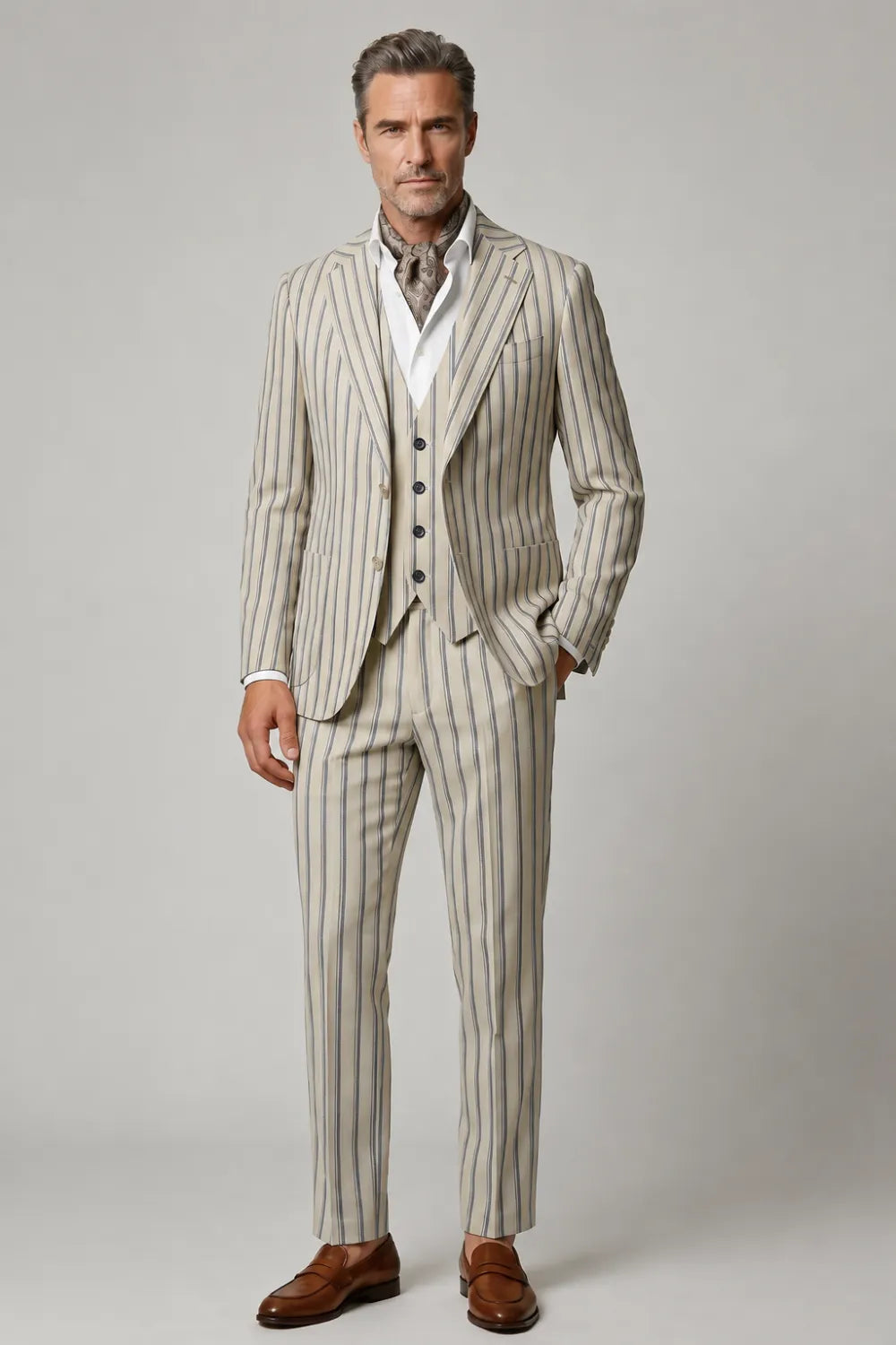 Men's Ivory Striped Wide Notch Lapel 3 Piece Suit
