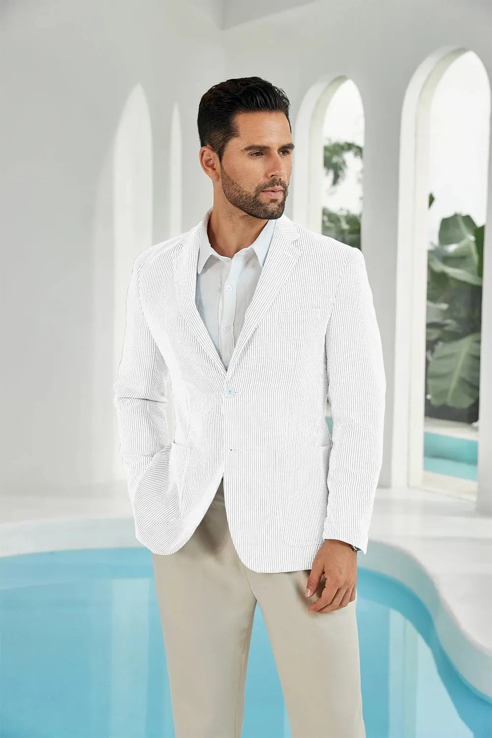 Ivory white seersucker striped men's summer blazer close up