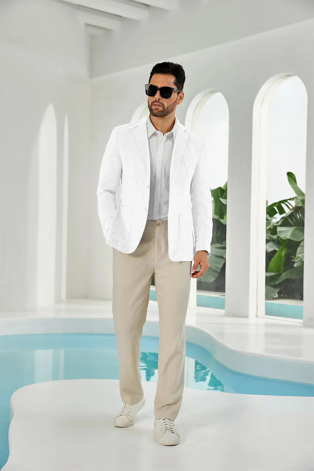 Ivory white seersucker striped men's summer blazer front display