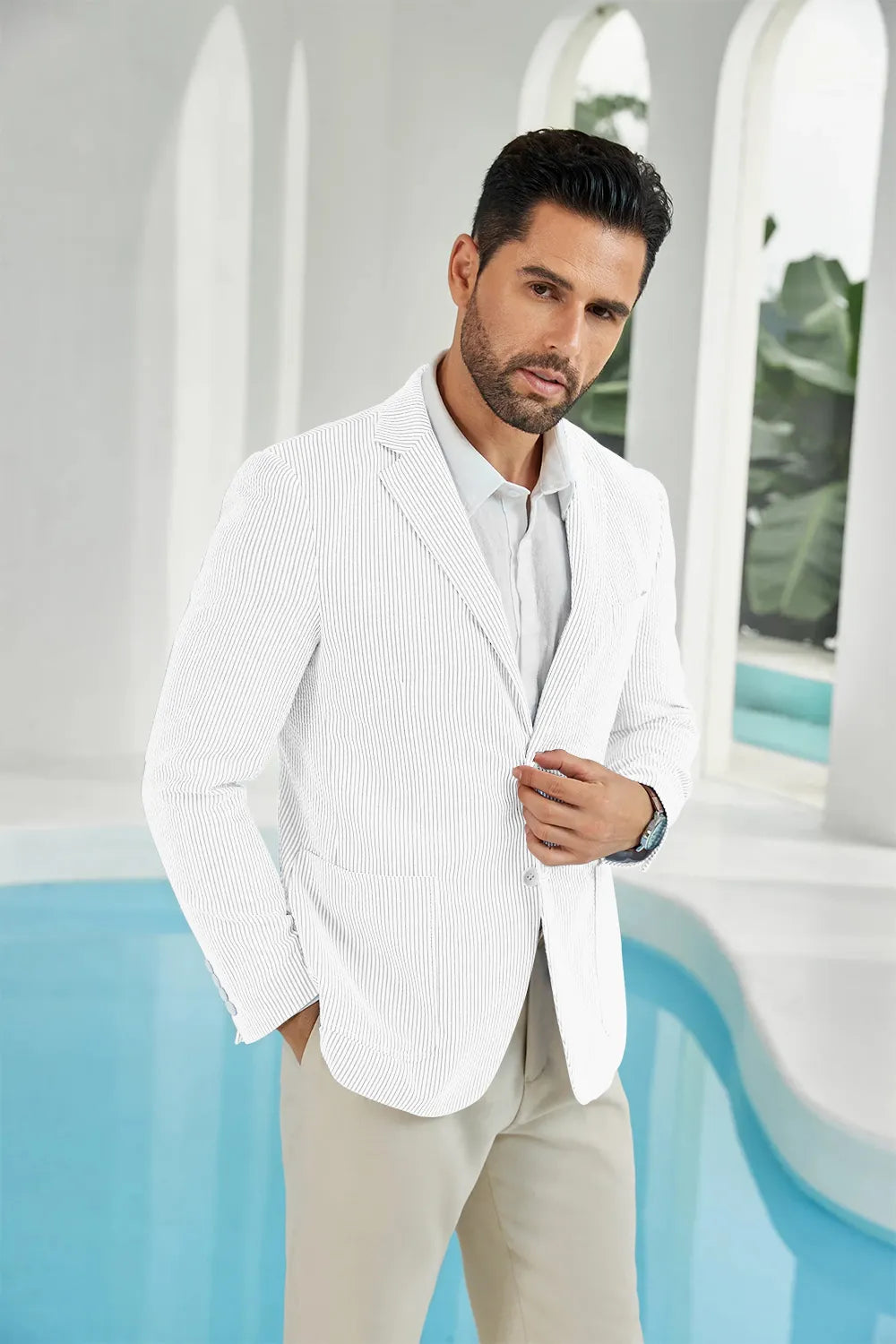 Ivory white seersucker striped men's summer blazer